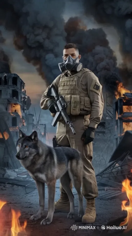 Tactical Soldier and Wolf Defend War-Torn City in Live2D Animation – AI Generated Video | Hailuo AI
