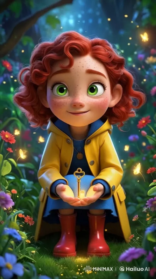 Curious Ruby in a Mystical Garden with a Golden Key – AI Generated Video | Hailuo AI