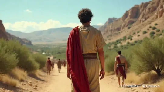 Man in Red Cloak Walks Through Scenic Landscape – AI Generated Video | Hailuo AI