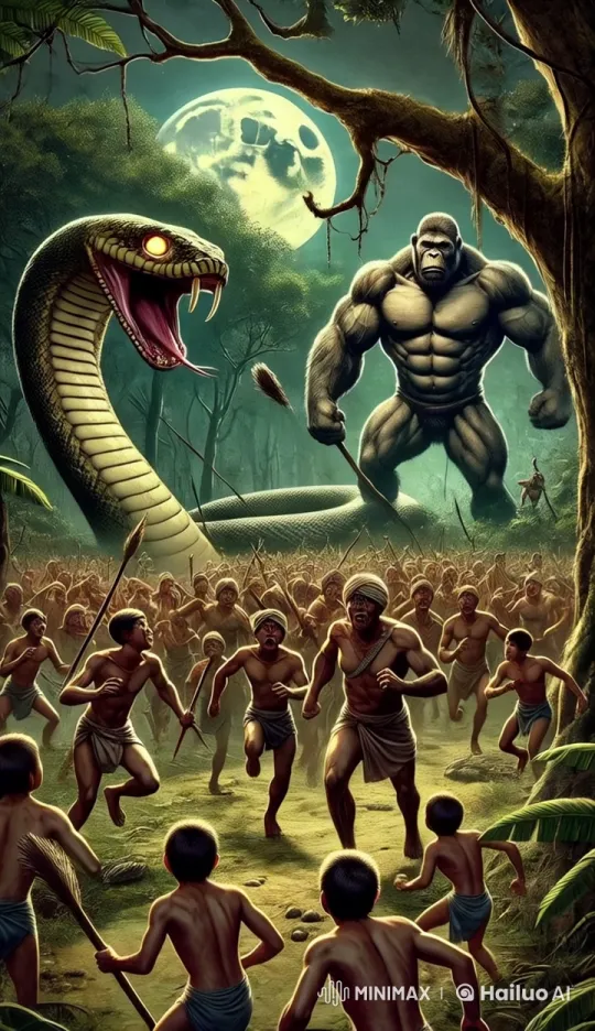 Mystical Jungle: Villagers Fleeing from Mythical Creatures – AI Generated Video | Hailuo AI