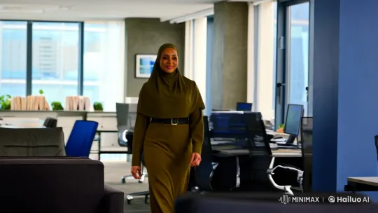 Muslim Woman in Hijab Walks Through Modern Office – AI Generated Video | Hailuo AI
