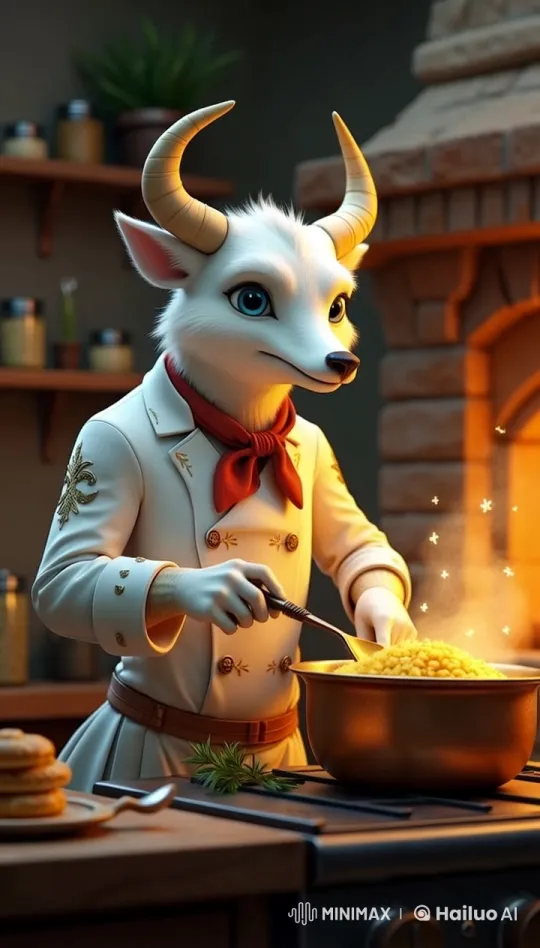 Anthropomorphic Goat Chef Cooks Risotto in Cozy Kitchen – AI Generated Video | Hailuo AI