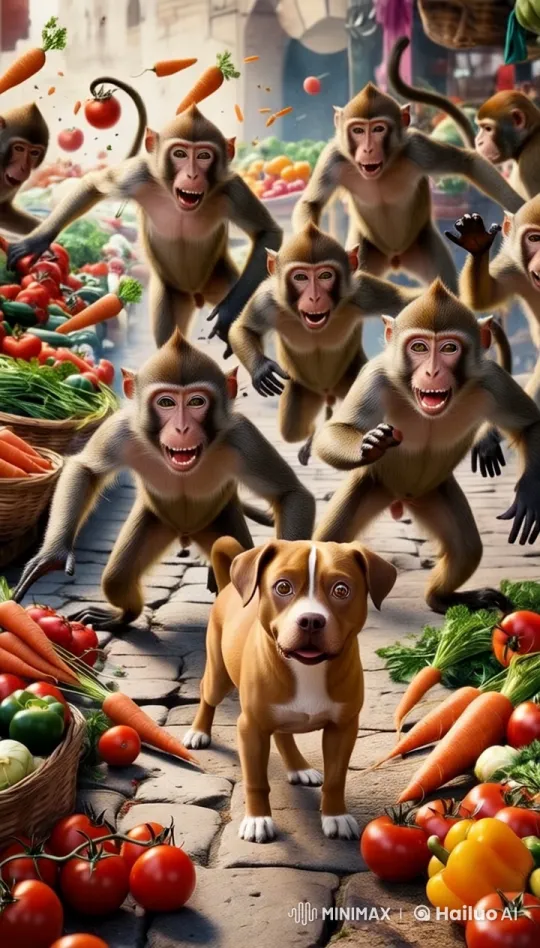 Monkeys and Dog Chaos in Animated Marketplace – AI Generated Video | Hailuo AI
