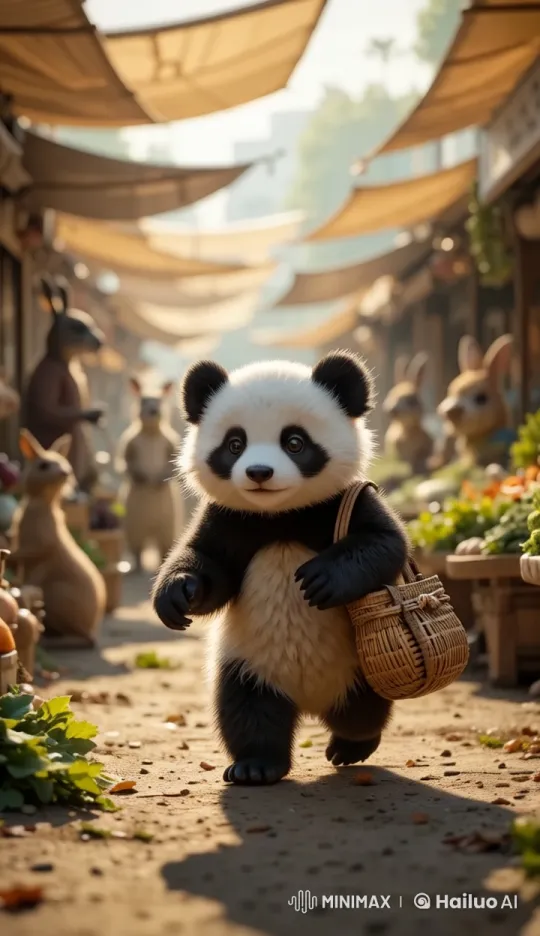 Adorable Panda Explores Animated Open Market – AI Generated Video | Hailuo AI