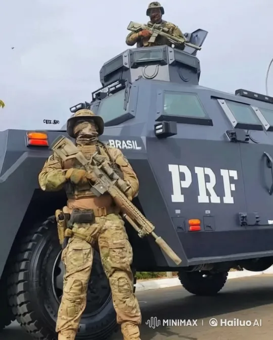 Brazilian Military Personnel on Alert Near Armored Vehicle – AI Generated Video | Hailuo AI