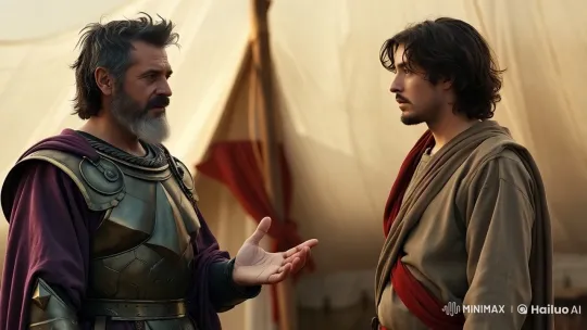 King Offers Helmet to Young Man in Medieval Tent – AI Generated Video | Hailuo AI