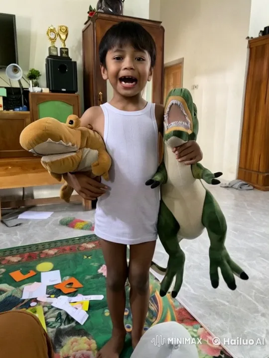 Child with Dinosaur Plush Toys in Animated Kungfu Battle – AI Generated Video | Hailuo AI