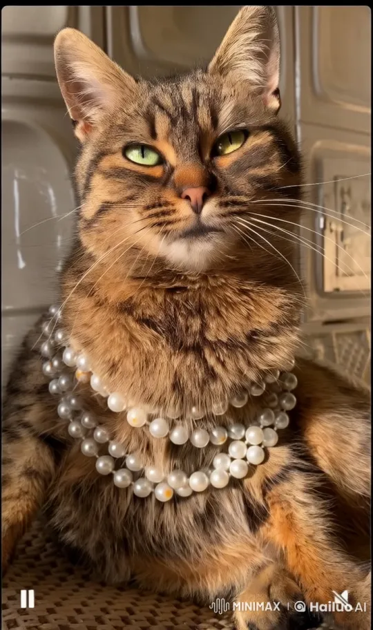 Elegant Tabby Cat with Pearl Necklace Roars Gracefully – AI Generated Video | Hailuo AI