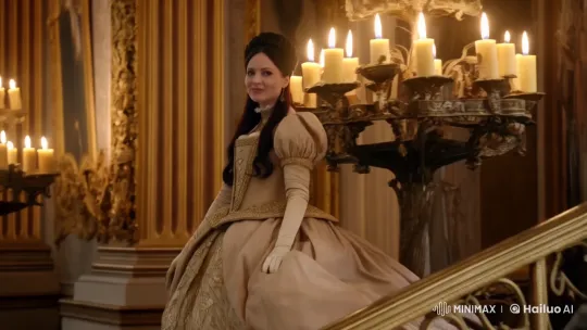 Regal Woman Descends Grand Staircase in Medieval Court Gown – AI Generated Video | Hailuo AI