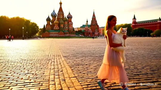 A girl with a cat strolls through the majestic Red Square in Moscow, filmed with elegant camera movements. – AI Generated Video | Hailuo AI
