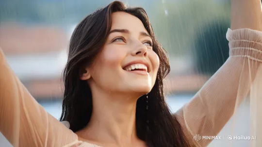 Joyful Woman Embraces the Rain in Ethereal Portrait – AI Generated Video | Hailuo AI