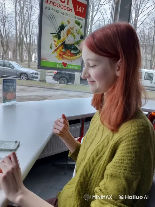 Red-haired Girl Enjoying Café Meal in Cozy Autumn Scene – AI Generated Video | Hailuo AI