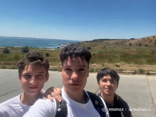 Friends Embrace Nature in Serene Coastal Pose – AI Generated Video | Hailuo AI