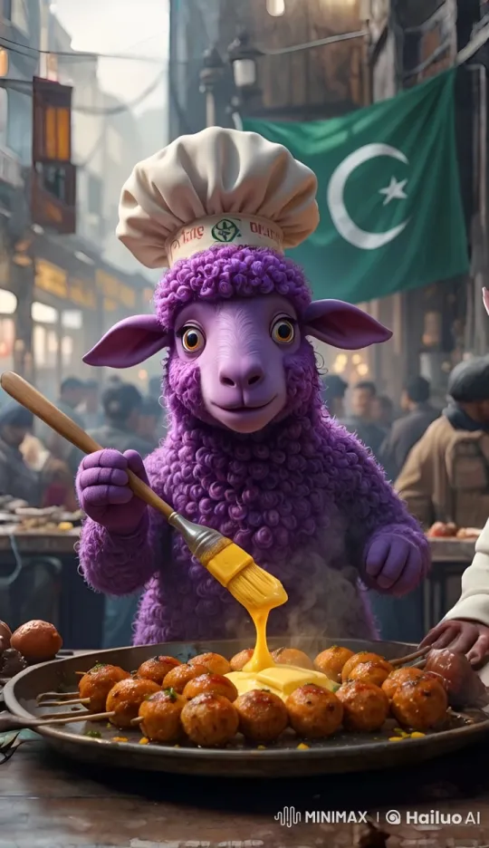 Purple Sheep Chef Glazes Kebabs in Vibrant Dhaba – AI Generated Video | Hailuo AI
