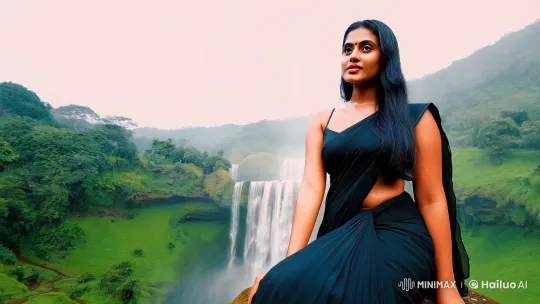 Mysterious Beauty Amidst Waterfall's Grace – AI Generated Video | Hailuo AI