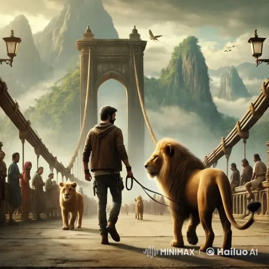 Man Leads Lions Across Mountainous Bridge Amidst Mist – AI Generated Video | Hailuo AI
