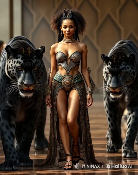 High-Fashion Catwalk Show with Model and Black Panthers – AI Generated Video | Hailuo AI