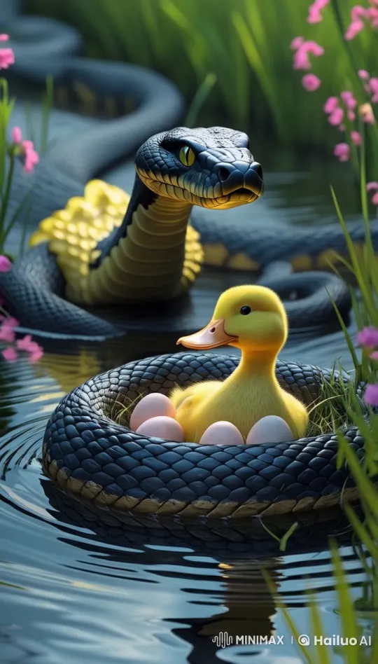 Vibrant Duckling Nestled in Coiled Snake's Nest – AI Generated Video | Hailuo AI
