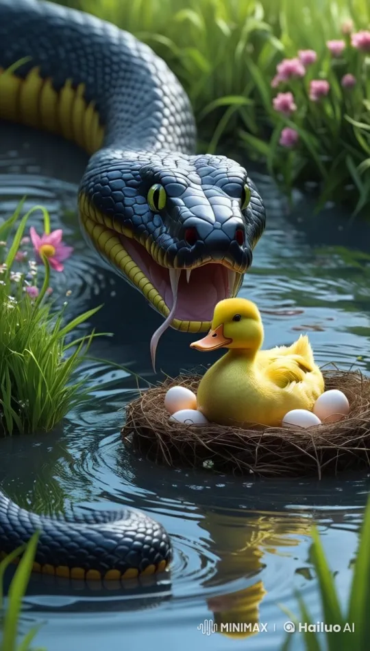 Dramatic Confrontation: Snake vs. Duckling in Live2D Pond Scene – AI Generated Video | Hailuo AI