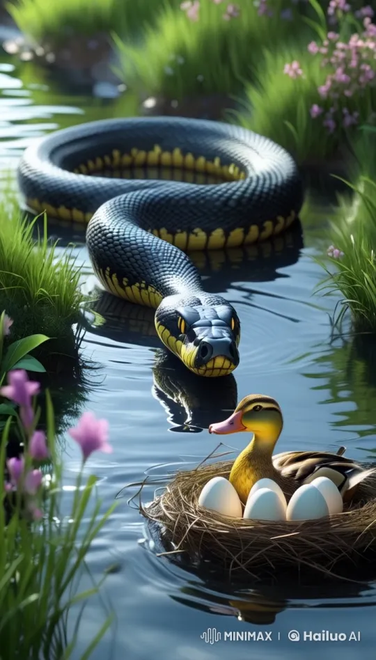 Snake Approaches Duck's Nest in Serene Pond Setting – AI Generated Video | Hailuo AI