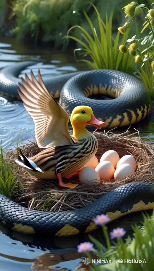 Duck Protects Nest from Coiling Snake in Serene Lakeside Setting – AI Generated Video | Hailuo AI