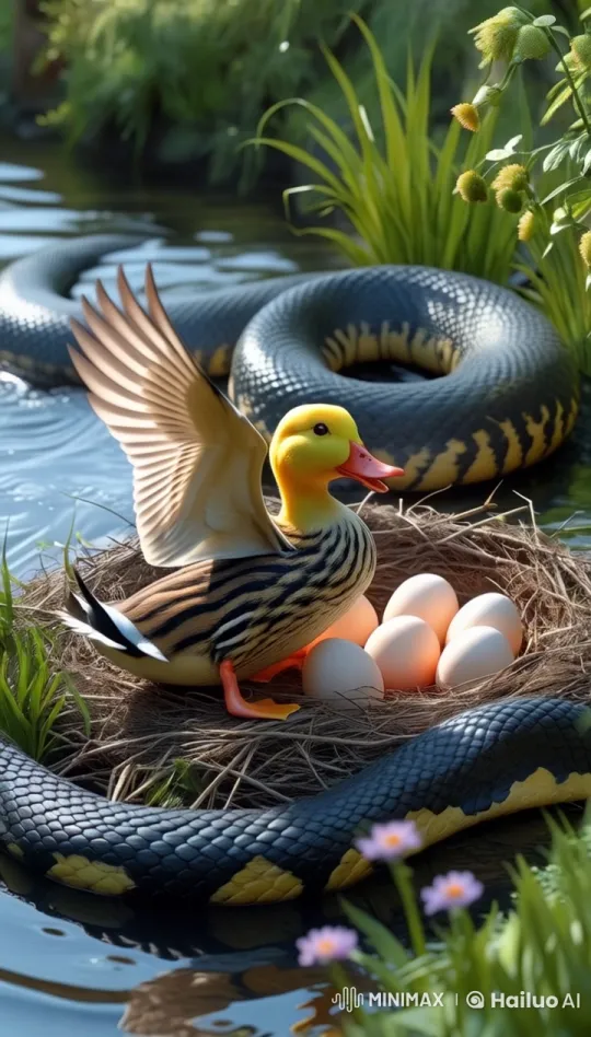 Duck Protects Nest from Coiling Snake by Pond – AI Generated Video | Hailuo AI