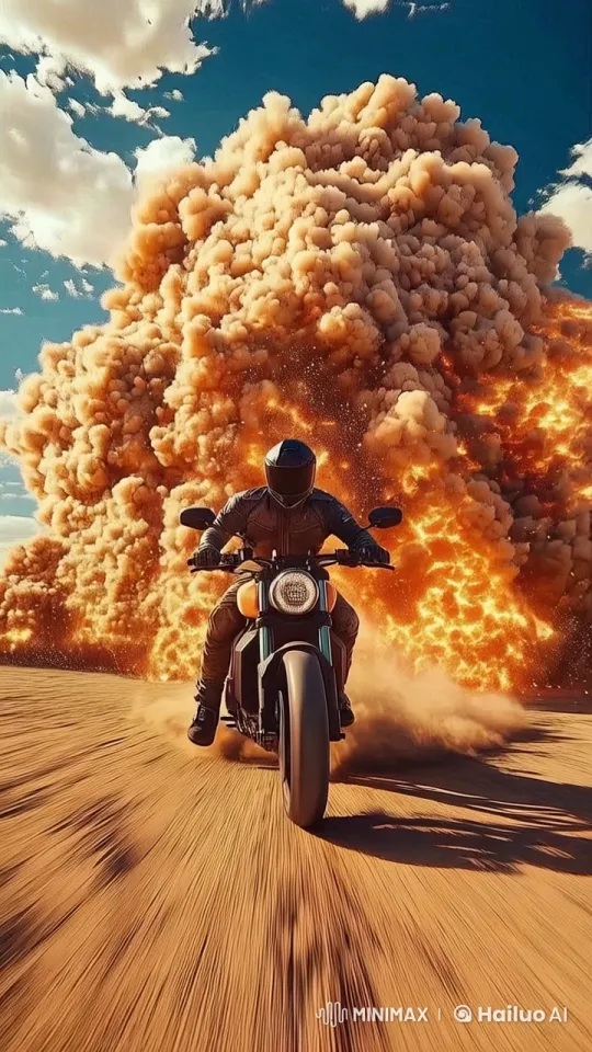 Futuristic Biker Evades Explosions in Desert Drone Chase – AI Generated Video | Hailuo AI