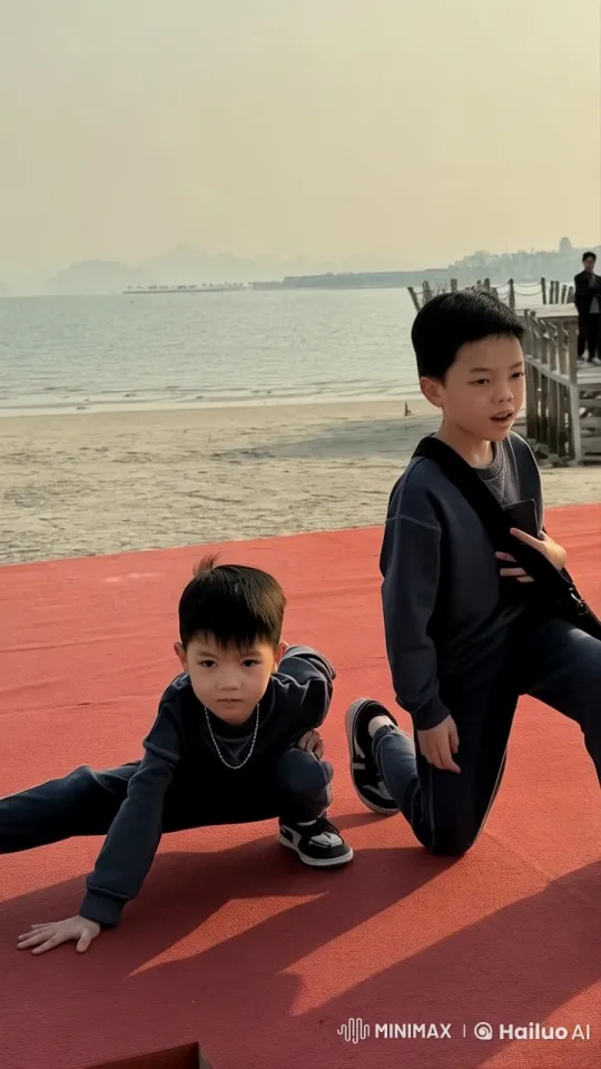 Dynamic Kungfu Performance by Two Boys on a Seaside Platform – AI Generated Video | Hailuo AI