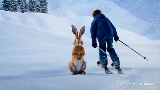 Boy Skis Past Startled Rabbit in Snowy Landscape – AI Generated Video | Hailuo AI