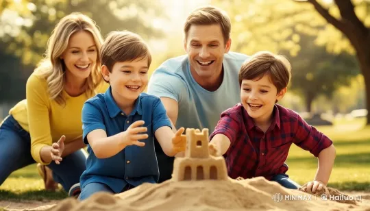 Family Building Sandcastle in Scenic Park – AI Generated Video | Hailuo AI