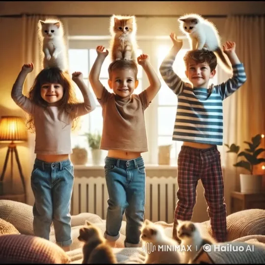 Children and Kittens Celebrate on Bed – AI Generated Video | Hailuo AI