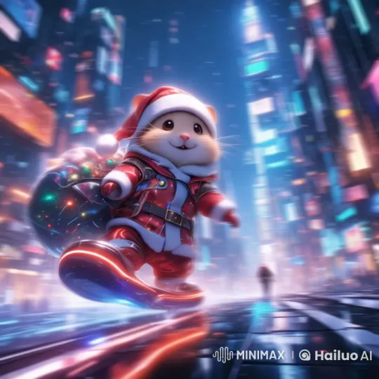 Hamster Santa Rides Cyber Skateboard in Neon City – AI Generated Video | Hailuo AI