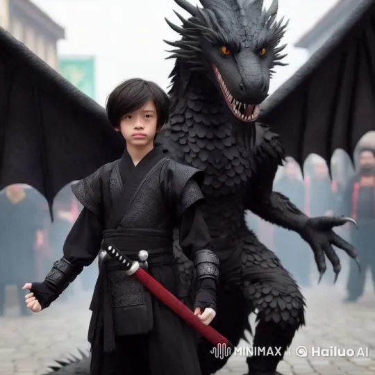 Warrior and Dragon Walk in Unity Through Cobblestone Street – AI Generated Video | Hailuo AI