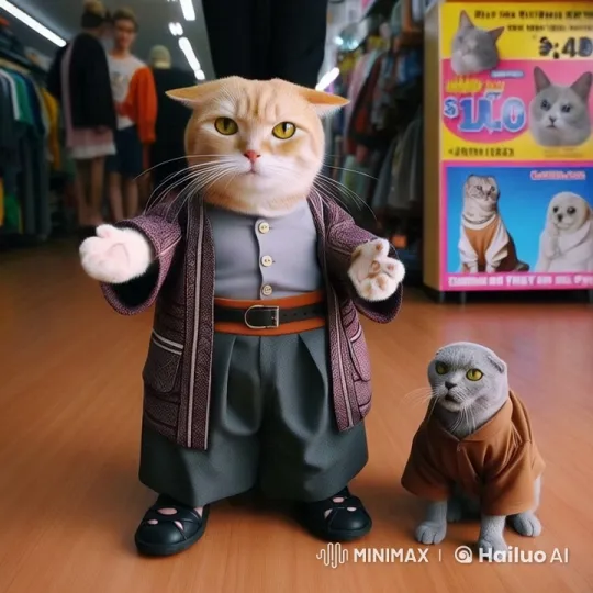 Formal Feline Friendship in a Bustling Store – AI Generated Video | Hailuo AI