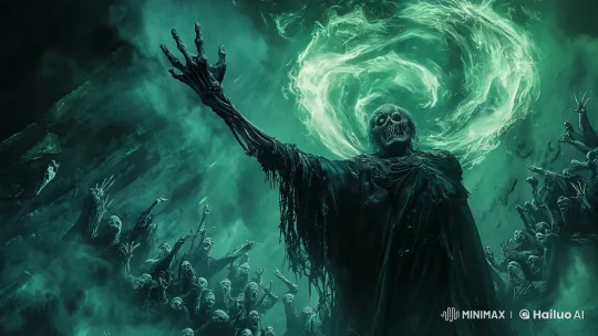 Zombie Monarch Summons Dark Energy in Eerie Live2D Scene – AI Generated Video | Hailuo AI