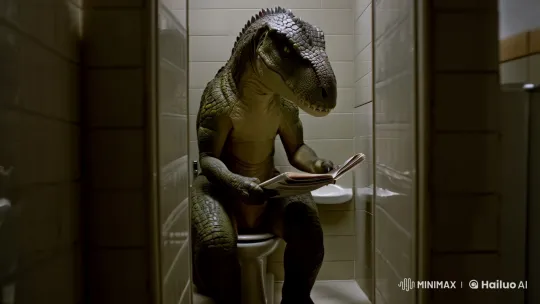 Anthropomorphic Dinosaur Reads Newspaper in Restroom – AI Generated Video | Hailuo AI