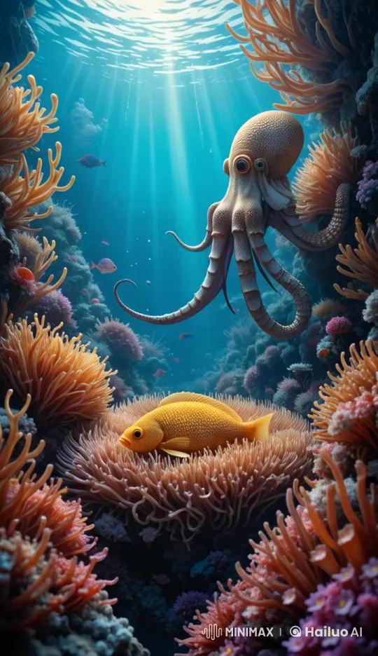 Golden Fish Rests Amid Vibrant Underwater Sanctuary – AI Generated Video | Hailuo AI