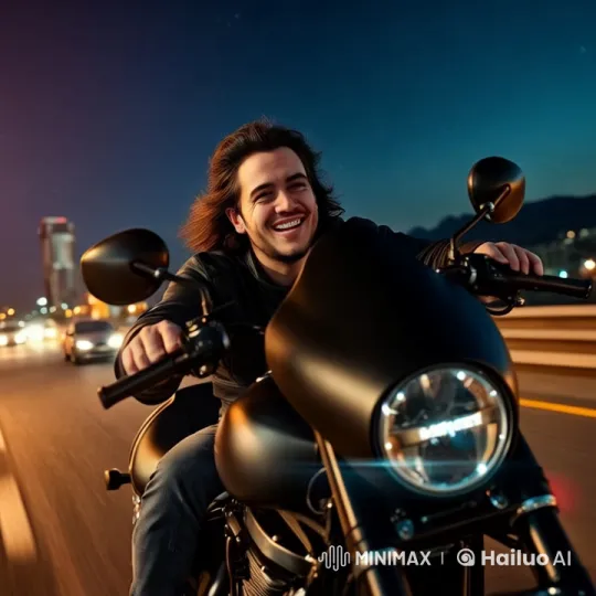 Night Motorcycle Ride: Cinematic Zoom with City Lights – AI Generated Video | Hailuo AI