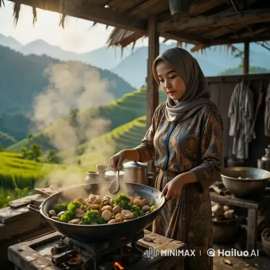 Young Woman Cooking in Rural Mountain Kitchen – AI Generated Video | Hailuo AI
