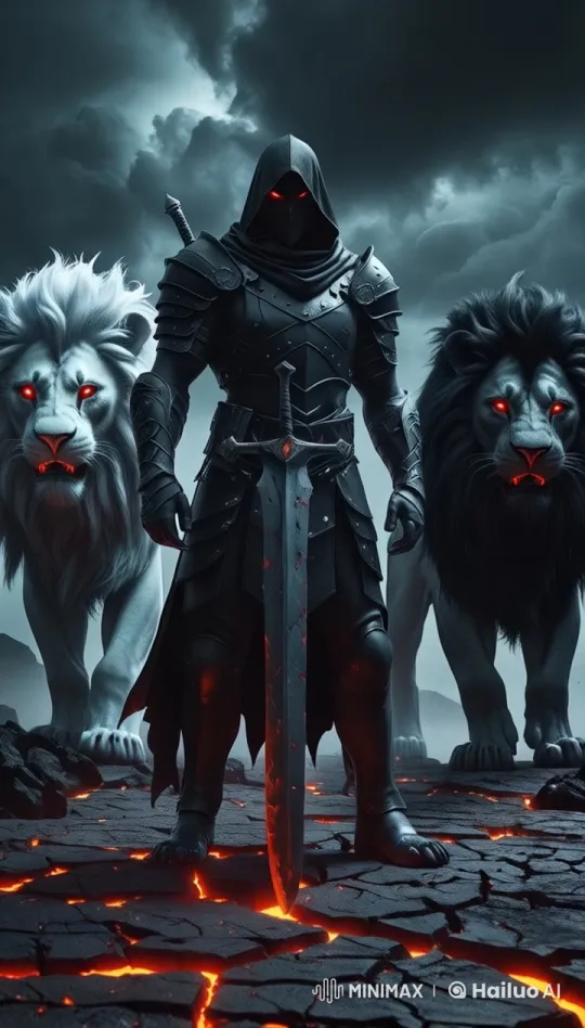 Dark Warrior Leads Lions Amidst Fiery Storm in Live2D Epic Scene – AI Generated Video | Hailuo AI