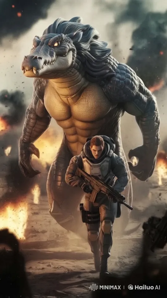 Soldier and Lion Creature Battle Through War Zone – AI Generated Video | Hailuo AI