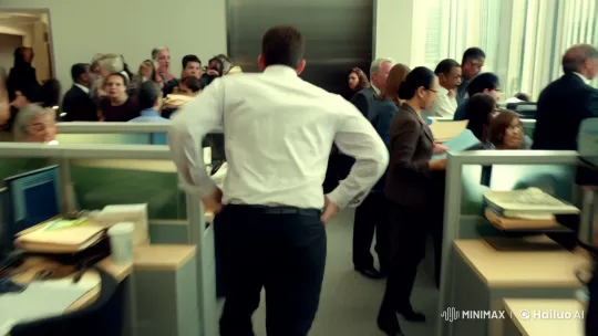 Man's Rush to Elevator Amidst Office Chaos – AI Generated Video | Hailuo AI