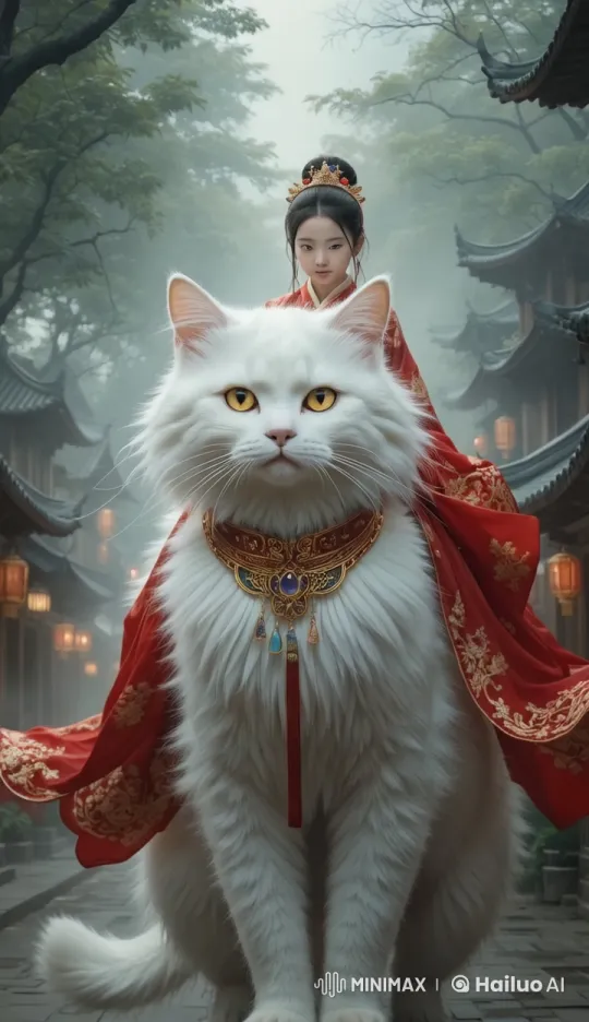 Fantasy Artwork: Girl and Ethereal Cat in Ancient Chinese Town – AI Generated Video | Hailuo AI