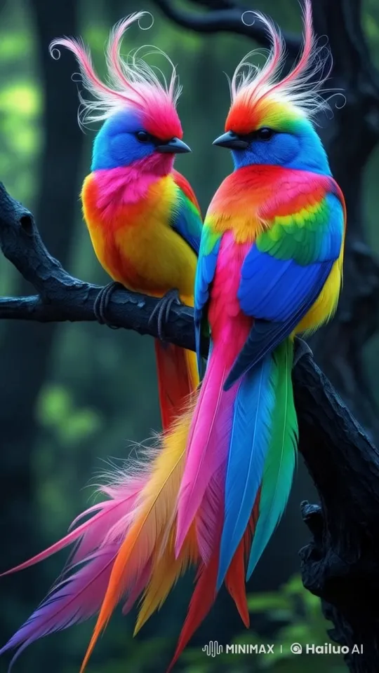 Vibrant Birds on Branch in Live2D Forest Setting – AI Generated Video | Hailuo AI