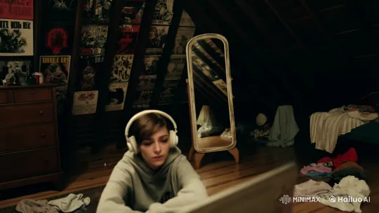 Teen Girl Enjoying Music in Cozy Attic Setting – AI Generated Video | Hailuo AI