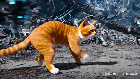 Orange Cat Battles Robots Amidst Post-Apocalyptic Beauty – AI Generated Video | Hailuo AI