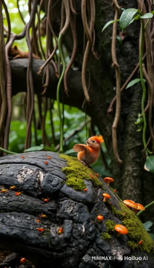 Distressed Orange Creature Searches for Mother in Lush Forest – AI Generated Video | Hailuo AI
