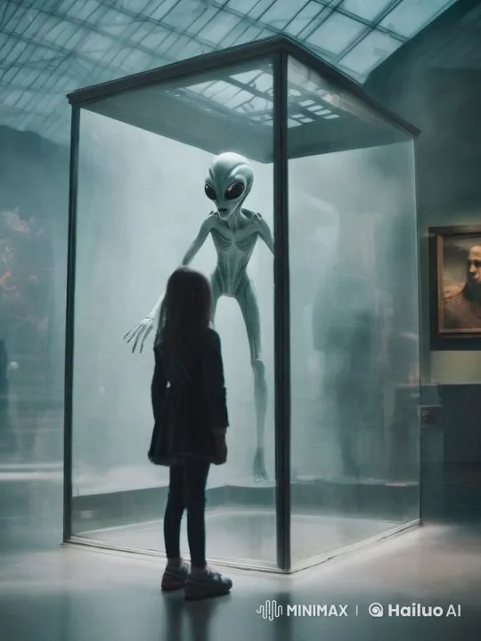 Young Girl and Alien Encounter in Dimly Lit Museum – AI Generated Video | Hailuo AI