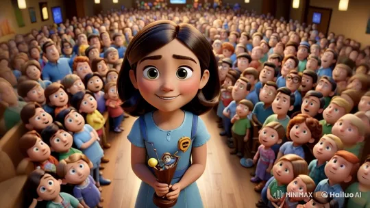 Young Girl Celebrates with Trophy at Crowded Ceremony – AI Generated Video | Hailuo AI