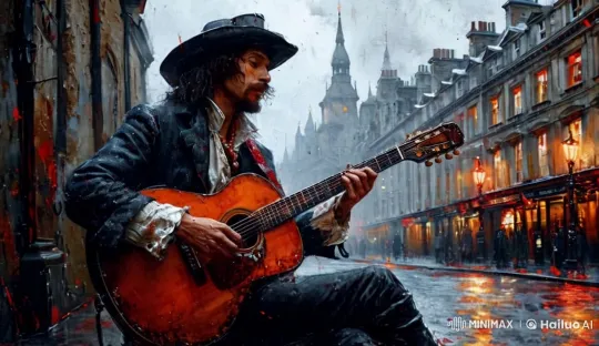 Live2D Street Musician on Rainy Historic Cobblestone – AI Generated Video | Hailuo AI